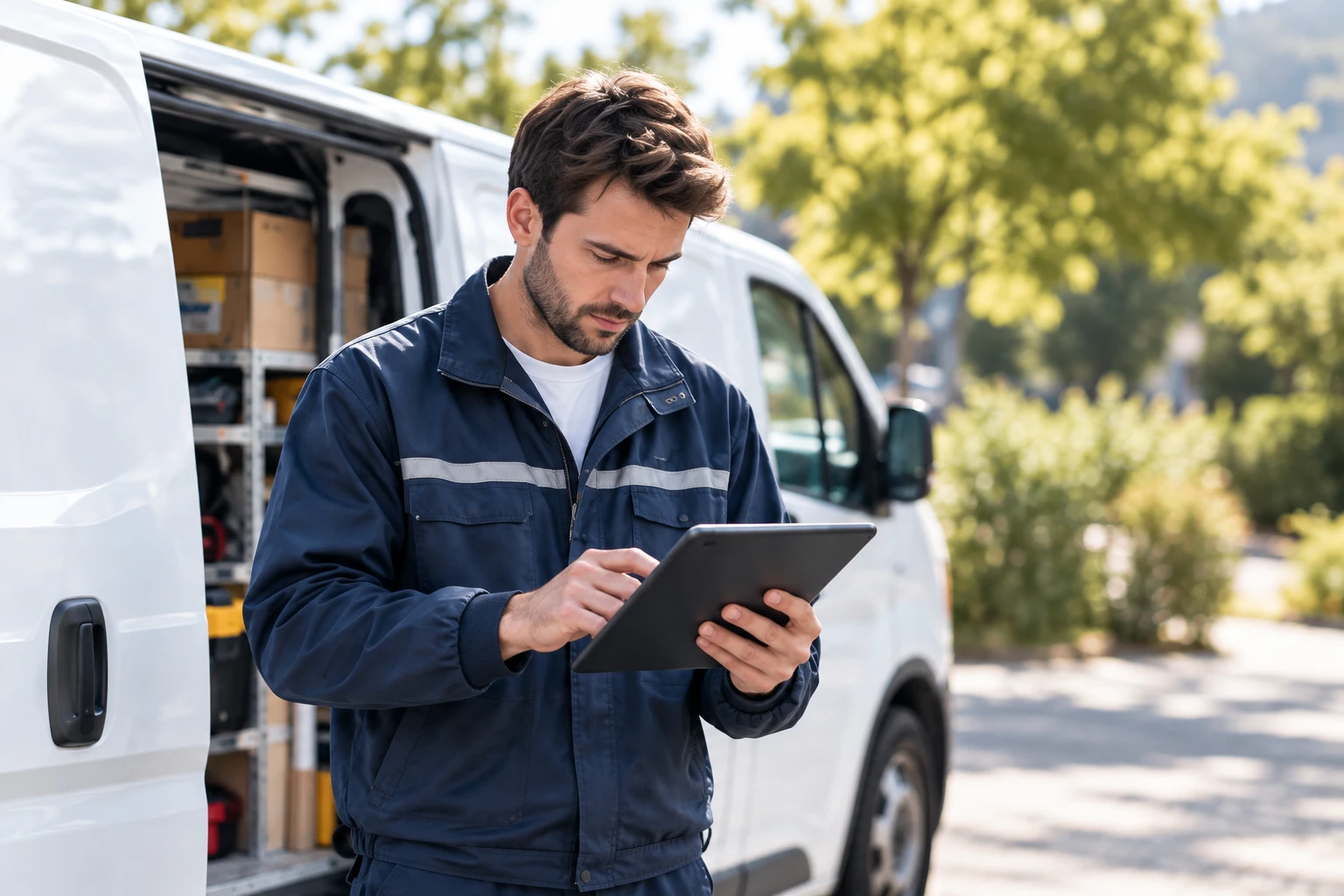 Un professionnel consulte sa tablette près de son véhicule de service, photo d’illustration